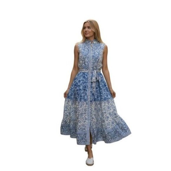 CeCe Women’s Blue White Floral Ruffle belted Midi Dress Size Small 100% Cotton - Picture 1 of 13